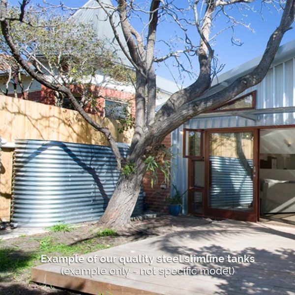 Slimline steel tank in a backyard galvanised